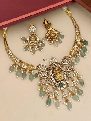 AD Stones Temple Lakshmi Hasli Necklace with Emerald Beads