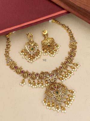 Gold Finish AD Stones Peacock Necklace with Pearl Hanging