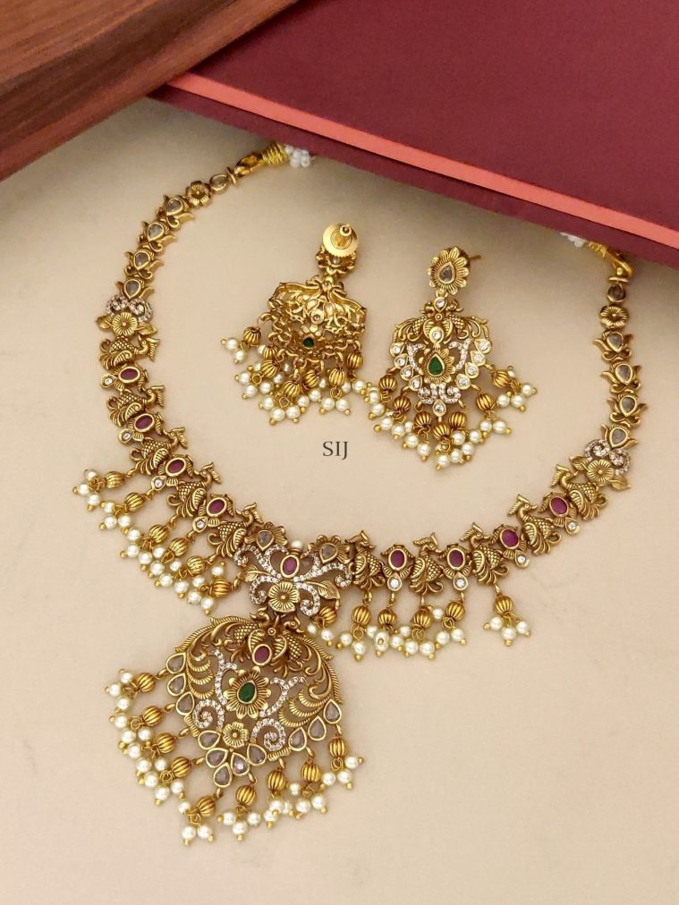 Gold Finish AD Stones Peacock Necklace with Pearl Hanging