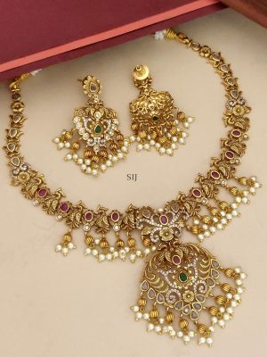 Gold Finish AD Stones Peacock Necklace with Pearl Hanging