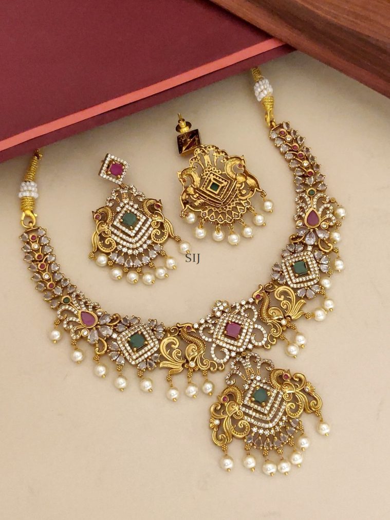 Gold Plated Multi Color AD Stones Peacock Necklace Set