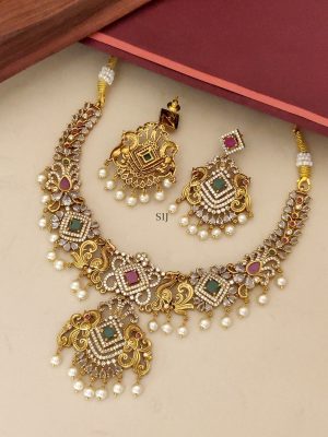 Gold Plated Multi Color AD Stones Peacock Necklace Set