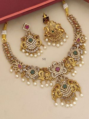 Gold Plated Multi Color AD Stones Peacock Necklace Set