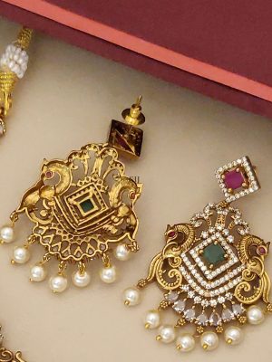 Gold Plated Multi Color AD Stones Peacock Necklace Set