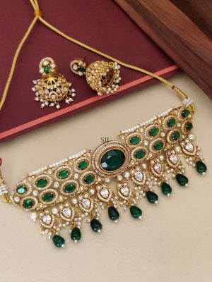 Green and White Stones Bridal Choker with Emerald Beads