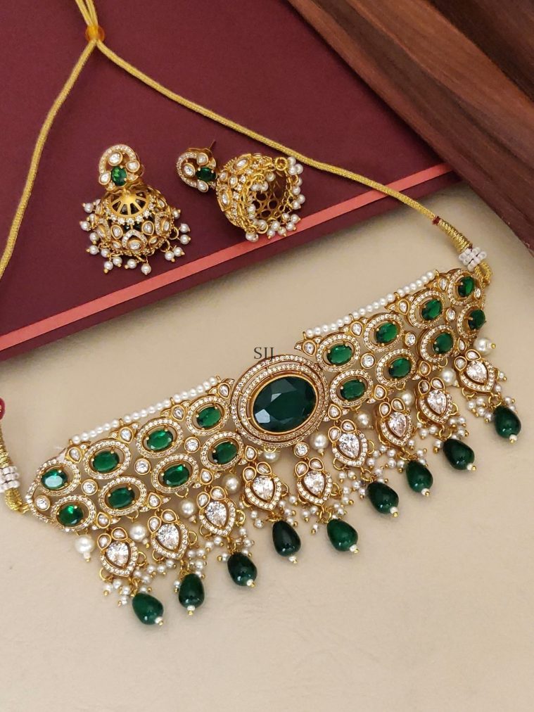 Green and White Stones Bridal Choker with Emerald Beads