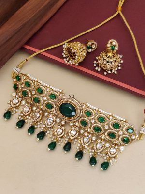 Green and White Stones Bridal Choker with Emerald Beads