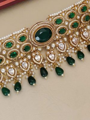 Green and White Stones Bridal Choker with Emerald Beads