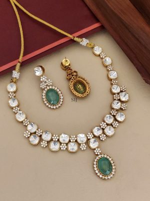 Gold Plated Polki Stone Necklace with Emerald Stone Pendant