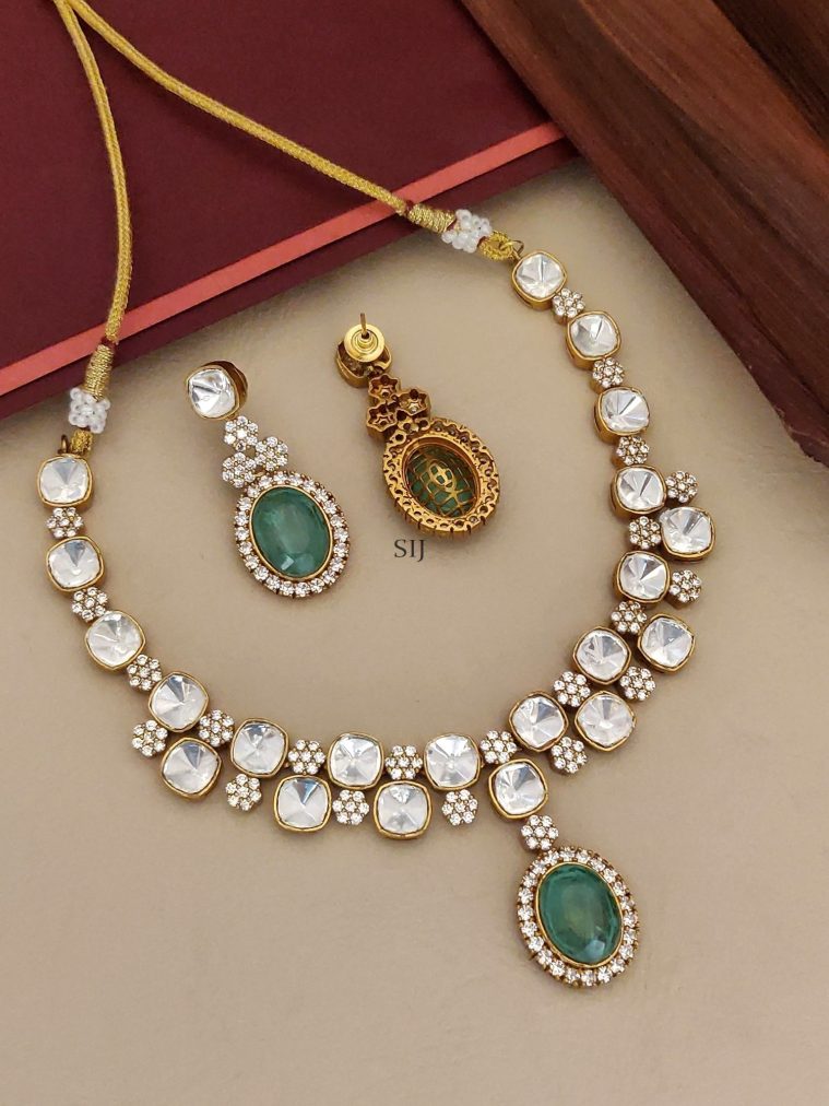 Gold Plated Polki Stone Necklace with Emerald Stone Pendant