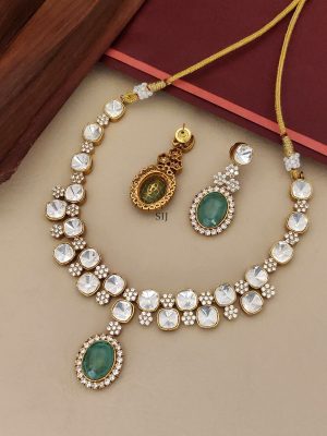 Gold Plated Polki Stone Necklace with Emerald Stone Pendant