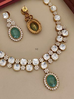 Gold Plated Polki Stone Necklace with Emerald Stone Pendant