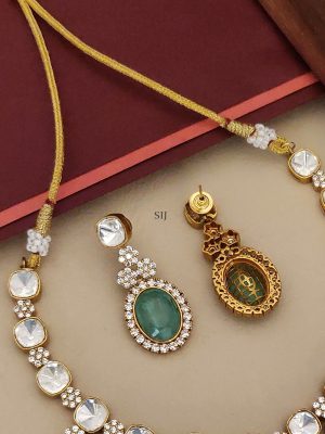 Gold Plated Polki Stone Necklace with Emerald Stone Pendant