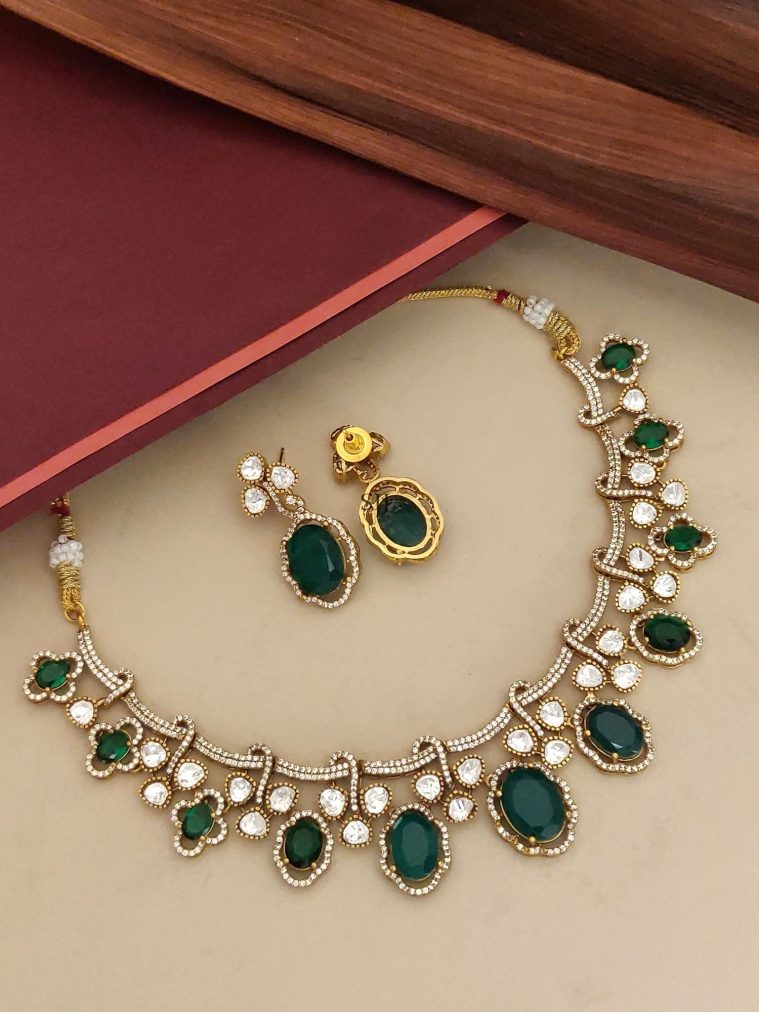 Gold Finish Green and CZ White Stones Choker