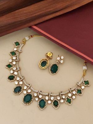 Gold Finish Green and CZ White Stones Choker