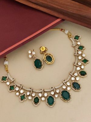 Gold Finish Green and CZ White Stones Choker
