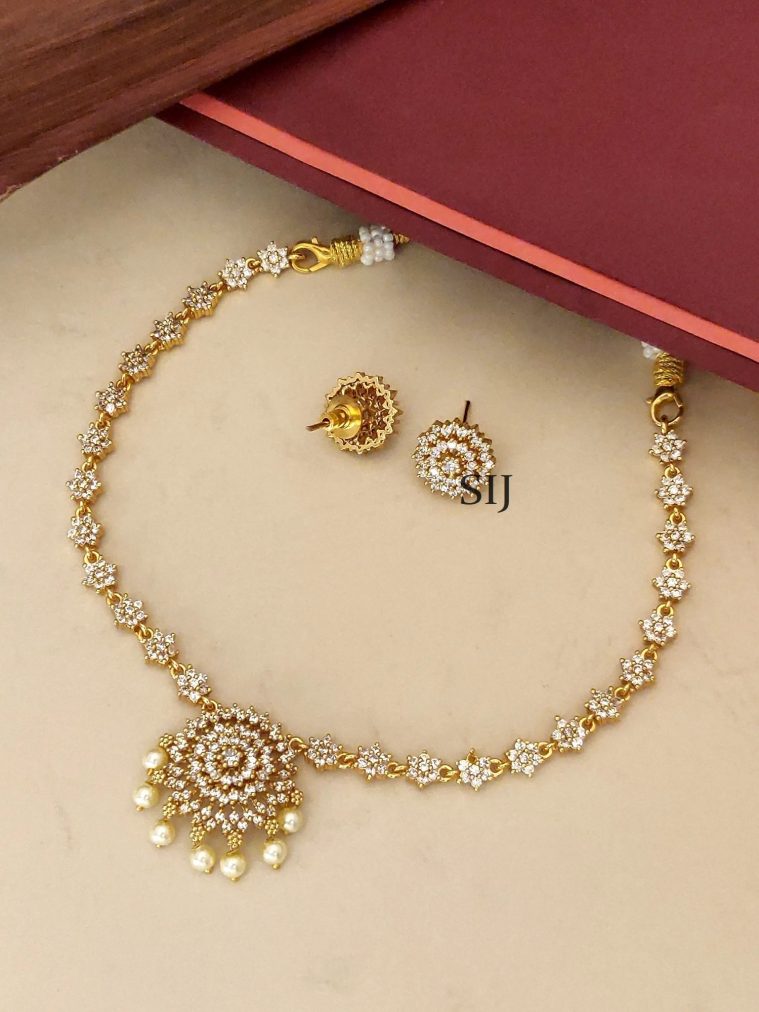 Gold Finish White AD Stones Necklace Set