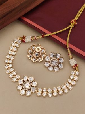 Gold Finish White Polki Stones Necklace Set