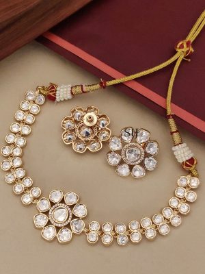 Gold Finish White Polki Stones Necklace Set