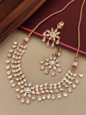Gold Finish White Polki Stones Necklace Set