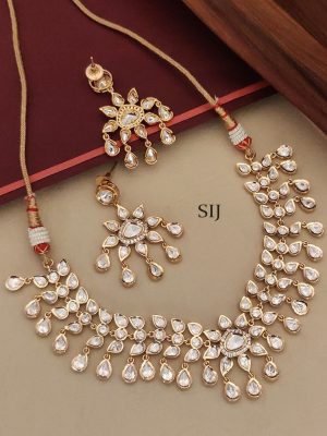 Gold Finish White Polki Stones Necklace Set