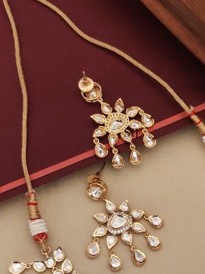 Gold Finish White Polki Stones Necklace Set