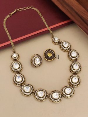 Gold Finish White Polki Stones Necklace Set