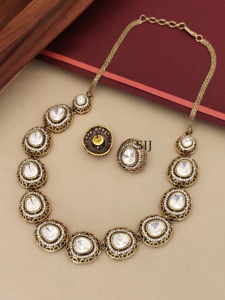 Gold Finish White Polki Stones Necklace Set