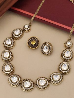 Gold Finish White Polki Stones Necklace Set