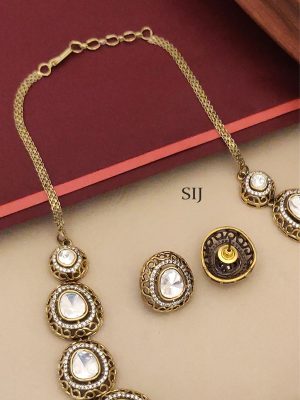 Gold Finish White Polki Stones Necklace Set