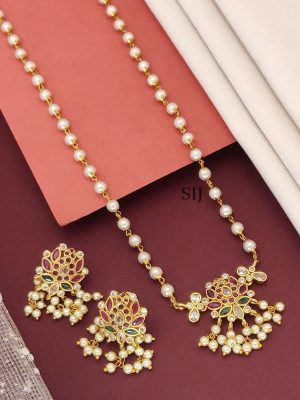 Gold Finish Lotus Pendant Pearl Long Necklace Set