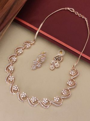 Rose Gold Finish White AD Stones Necklace Set