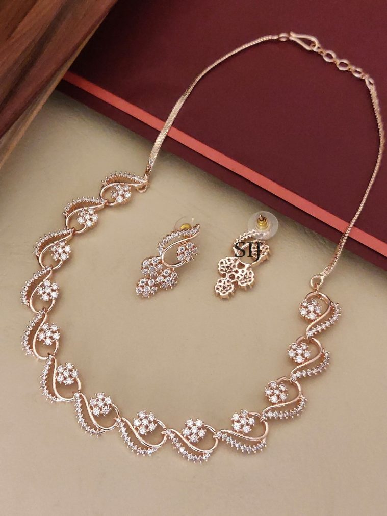 Rose Gold Finish White AD Stones Necklace Set