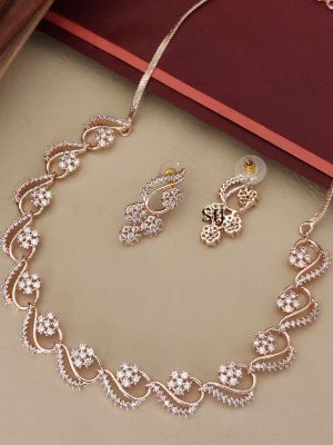Rose Gold Finish White AD Stones Necklace Set