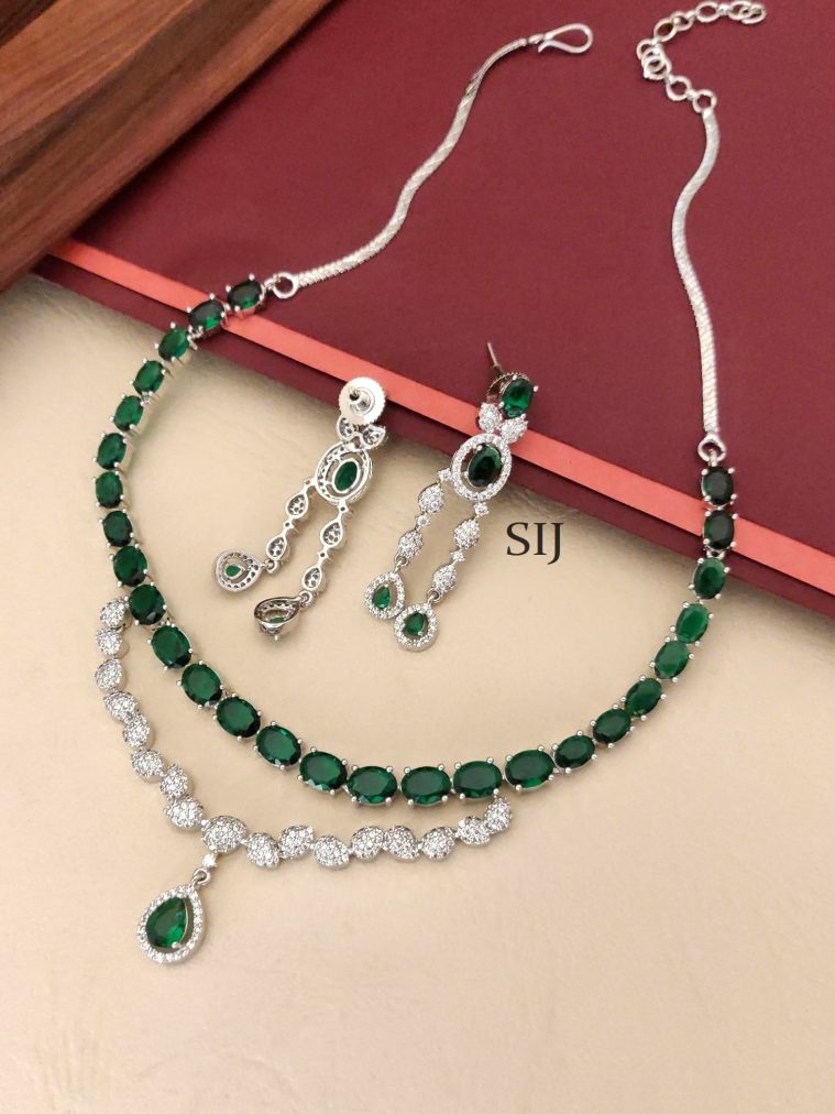 Silver Plated Multilayer Emerald Green AD Stones Necklace