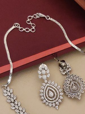 Bridal Silver Plated CZ AD White Stone Necklace
