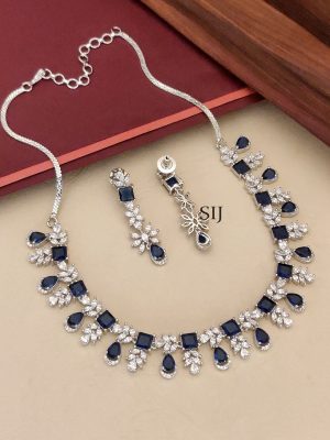 Silver Plated White And Blue AD Stones Necklace Set
