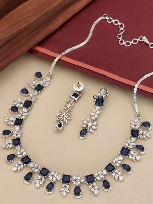 Silver Plated White And Blue AD Stones Necklace Set