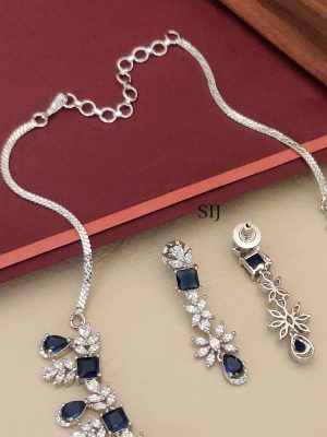 Silver Plated White And Blue AD Stones Necklace Set