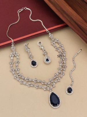 Silver Plated AD Royal Blue Bridal Necklace Set With Tikka