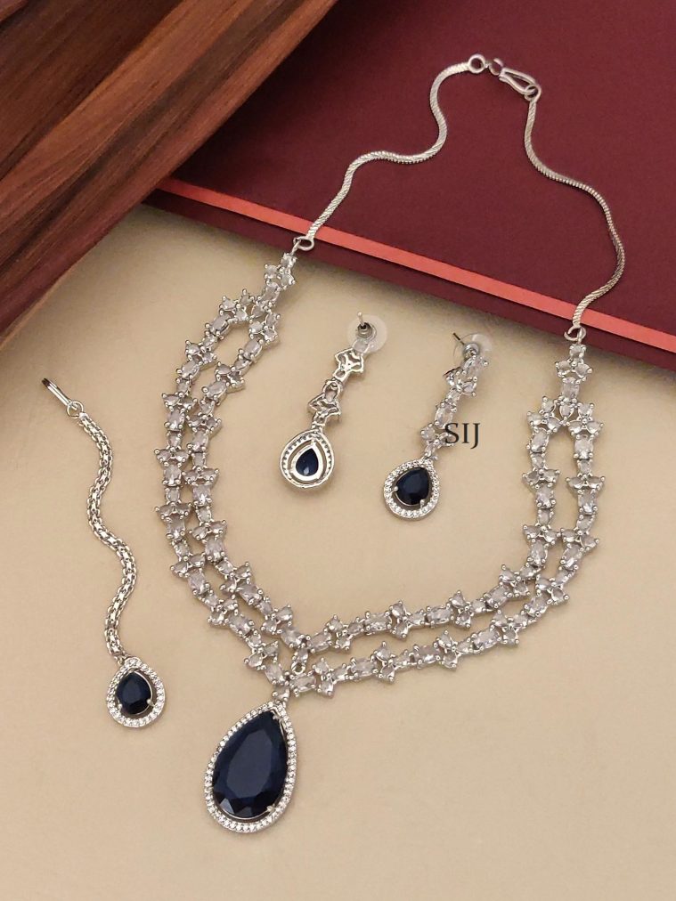 Silver Plated AD Royal Blue Bridal Necklace Set With Tikka