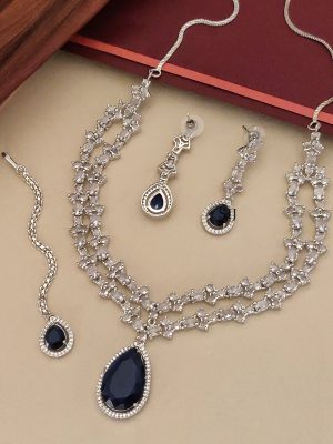 Silver Plated AD Royal Blue Bridal Necklace Set With Tikka