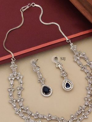Silver Plated AD Royal Blue Bridal Necklace Set With Tikka