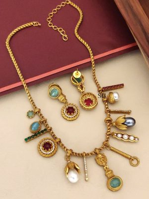 Oxidsed Gold Plated MultiColour Sabyasachi Designer Stones Necklace