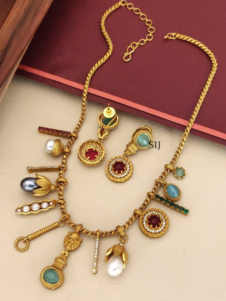 Oxidsed Gold Plated MultiColour Sabyasachi Designer Stones Necklace