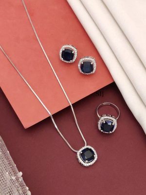 Set of 3 Silver Plated Blue Crystal Stone Chain Combo