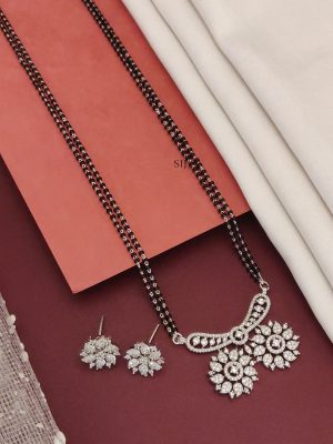 Two Layers Silver Plated AD Stones Dual Flower Design Pendant Mangalsutra Set