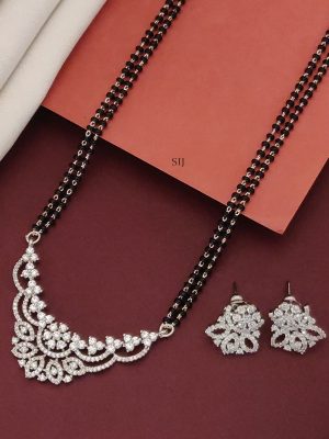 Two Layers Silver Plated AD Stones Flower Design Pendant Mangalsutra Set