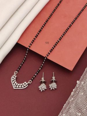 Silver Plated AD Stones Flower Design Pendant Mangalsutra Set
