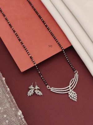 Silver Plated AD Stones Leaf Pendant Mangalsutra with Earrings